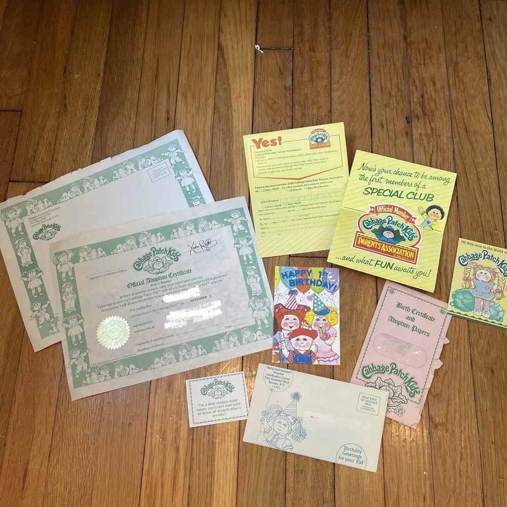 Cabbage Patch Kids Doll Blonde Yellow Yarn Hair Blue Eyes Outfit Pacifier Papers
